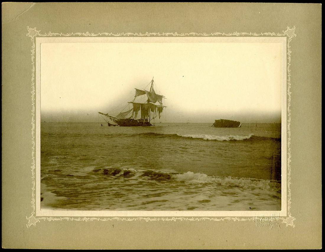 IL Rosenthal: Shipwreck Jason Off Provincetown MA: Dated Dec 5, 1893. Shipwreck of the Jason off of Peaked Hill Bar. Raised stamp of IL Rosenthal of Provincetown on the Mount. 5 x 7 inch photo on 7 x 9 inch mount. Even though the wreck appears to only