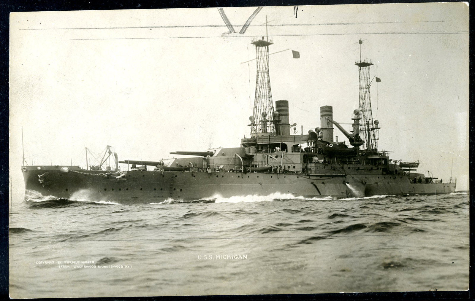 Underwood and Underwood: 1912 USS Michigan Battleship: Printed on thick double weight stock. Some editors marks on the front. Appx 5 x 8. Very Good.