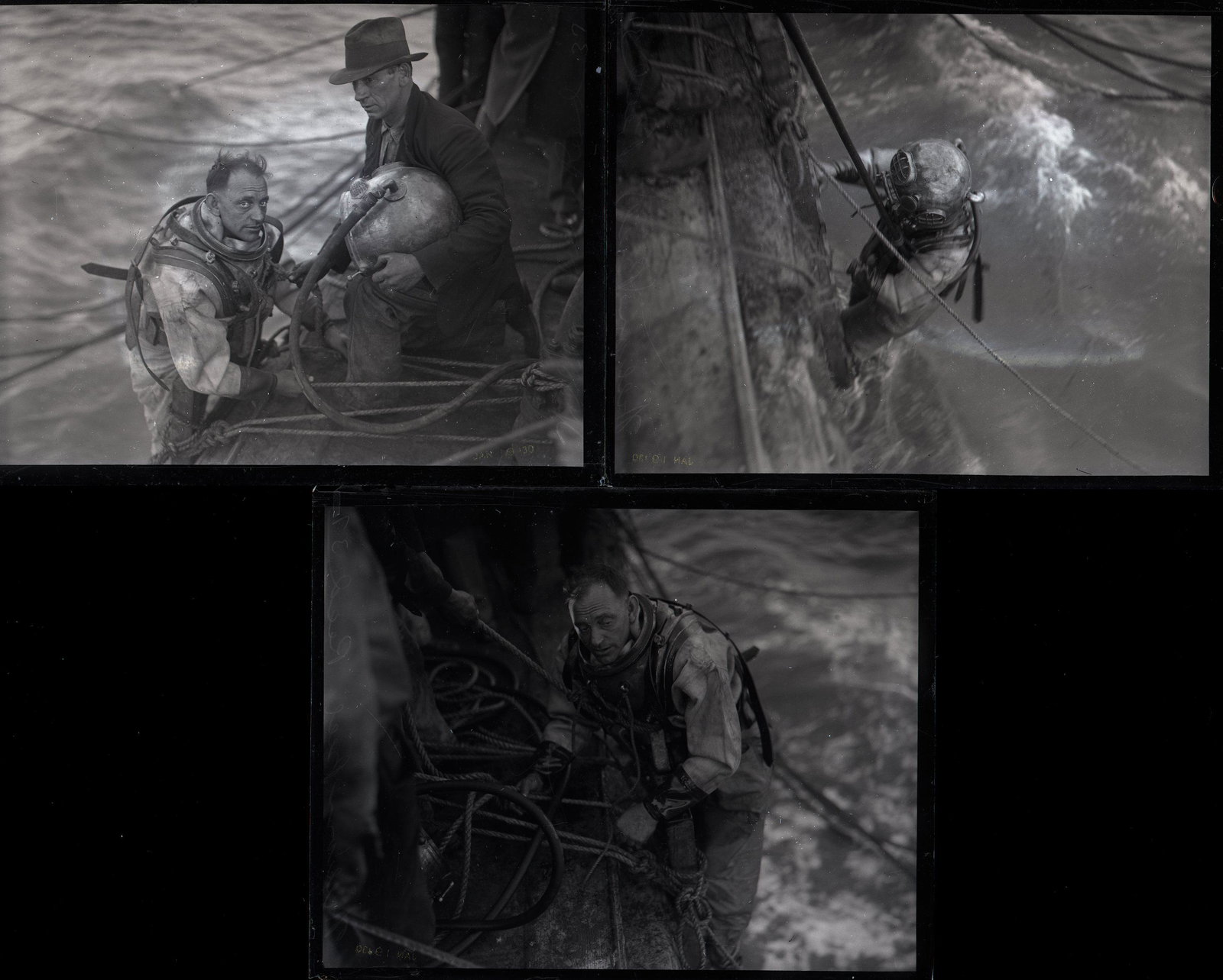 (3) 1930s Glass Plate Negatives Deep Sea Diver: Master Diver William (Bill) Reed. A book called the Iron Doctor was written about him. All 4 x 5 inches. Excellent condition.