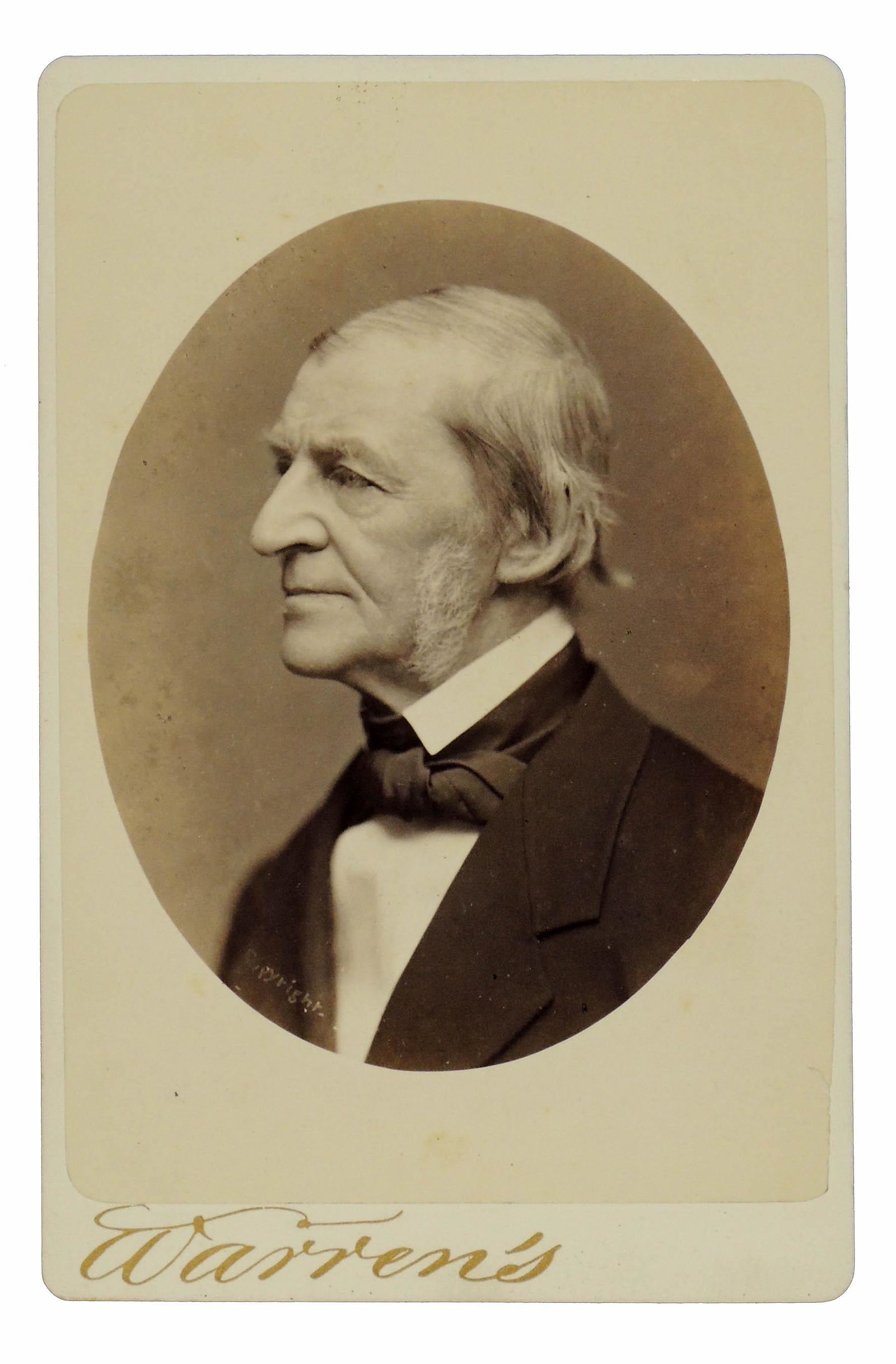 RALPH WALDO EMERSON Transcendentalist Cabinet Card: By Warren Boston. This is a fine 19th century cabinet card photograph of the great New England Transcendentalist, poet, and essayist author Ralph Waldo Emerson (1803-1882). It is marked on the front o