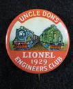 1929 Lionel Train Uncle Dons Engineers Pinback Button