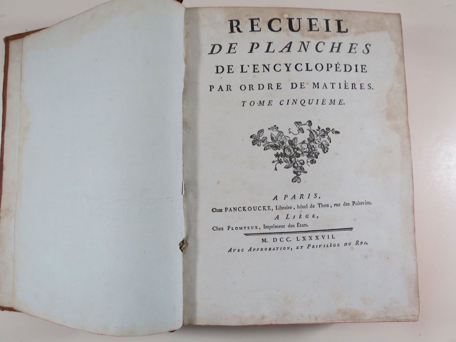 1787 French Encyclopedia RECUEIL DE PLANCHES Vol 5: Paris, Panckoucke, 1787. Multiple copper plates with some fold-out.Â Leather covers. Â Depictions of ship building, glass blowing, nautical flags etc. Heavy on the nautical aspect of things. Front