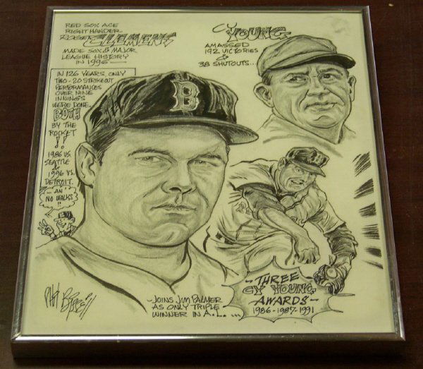 Roger Clemens / Cy Young Original Artwork by Phil: 11 x 14'' original art of Roger Clemens and Cy Young done in 1996. Framed.