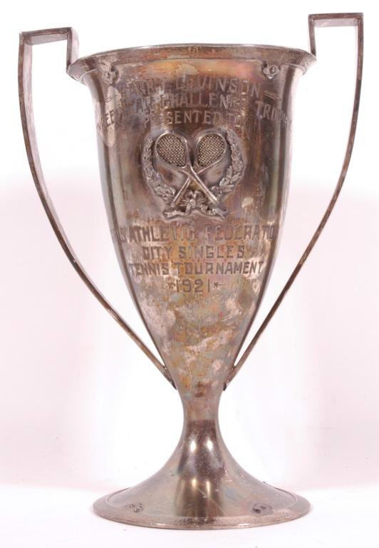 1921 Tennis Loving Cup Trophy: 10.5'' tall, 7.5'' wide. Two embossed Tennis rackets on the front.