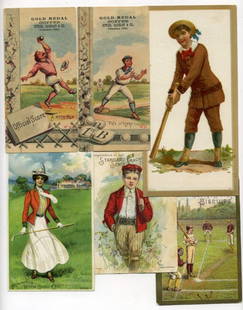 (12) 19th Century Sports Trade Cards with Baseball: Better cards are Huntley & Palmer Baseball, (2) Gold Medal Coffee Baseball, Witch Hazel Oil Golf, Standard Sewing Golf and more