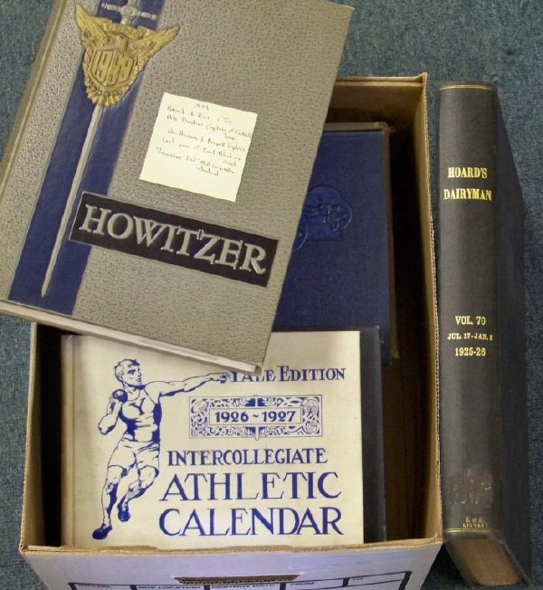(13) 1890's-1960's Sports Books w/ Walter Johnson: Best piece is a bound volume of Hoard's Dairyman Magazine with one issue having Walter Johnson on the cover, 1903 Naval Academy YB, 1896 VMI Yearbook, 1926-27 Yale Athletic Calendar, Second Base Sloan