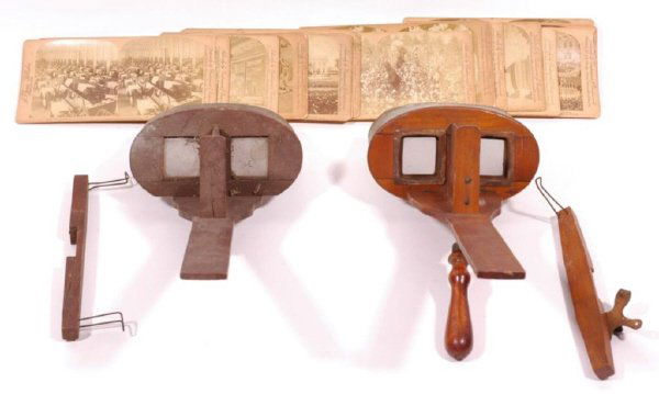 (2) 19th Century Stereoviewers with (26) Stereovie: Includes Negros Picking Cotton, President Cleveland, Atlantic City NJ Boardwalk, General Lee's House, West Point Cadets, White House Interior and more.