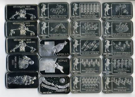 (20) Ltd Ed 1 oz Silver Bars from 1970's: Twenty 1 troy oz silver bars issued for collector purposes. Includes Watergate, Pope John Paul, Space, 12 Days of Christmas. 20 total ounces of silver.