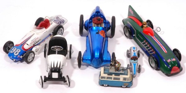 (6) Collectible Toy Cars w/ Limited Edition: Includes Corgi Toys Commer Bus, Nylint The Real McCoy Ltd Ed Model Racing Car, Agajanian Special Carousel Car by Franklin Mint, Land Speed Record Tin Litho 11'' wind-up Ltd Ed Car by Schylling Toys, S