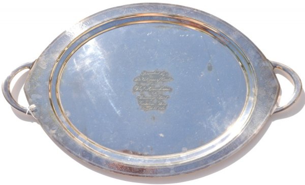 1916 Fenway Park Presentation Red Sox Tray: Pairpont Silver tray engraved "Presented by The Citizens of Canton to Olaf Henriksen at Fenway Park Canton Day August 17, 1916." Henrikson played for the Red Sox from 1911-1917. 16.5 x 28". Excellent 