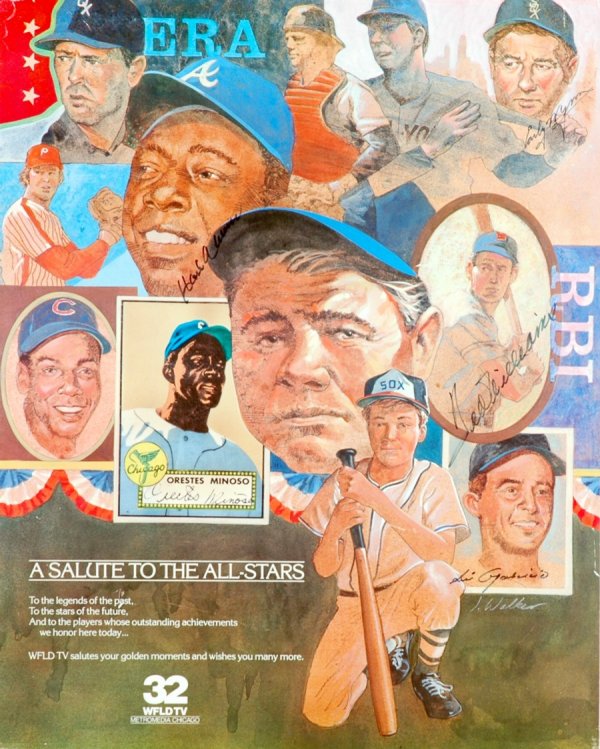 Ted Williams & Hank Aaron Signed All Stars Display: 17 _ x 22 _" WFLD Salute to the All-Stars poster has been signed in Mint ink by the four Hall of Famers. The poster is in nice shape with light wear on the corners and has been affixed to foamboard. A