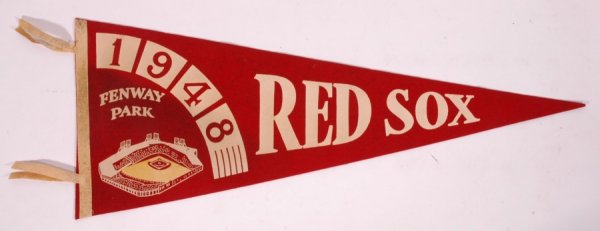 1948 Boston Red Sox Dated Pennant: Full size 29" soft felt pennant dated 1948 with an illustration of Fenway Park. The tip is full. A couple of tack holes. EX-MT.