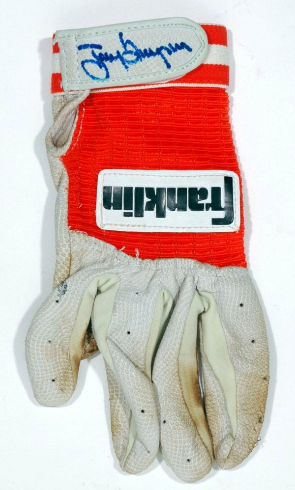 Tony Gwynn Signed Game Used Batting Glove: Franklin Batting Glove signed in mint blue sharpie. Shows moderate use.