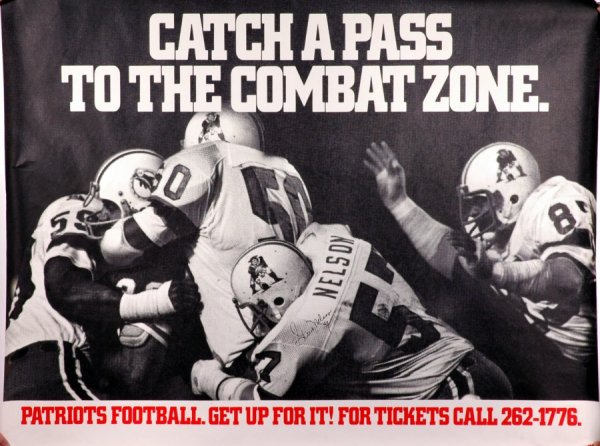 Huge 1980's Patriots Football Ticket Poster: Vintage 46 x 60" poster advertising New England Patriots Ticket Sales signed in mint black sharpie by Patriot great Steve Nelson. It does not appear to have even been hung. EX-MT.