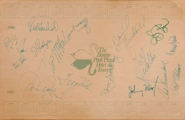 1986-87 Celtics Championship Team Signed Sheet: Placemat signed by the Championship team. Includes Larry Bird, Red Auerbach, Johnny Most, Robert Parish, Chris Ford, KC Jones, McHaie, Danny Ainge, Bill Walton, everybody is here. 15 total signatures.
