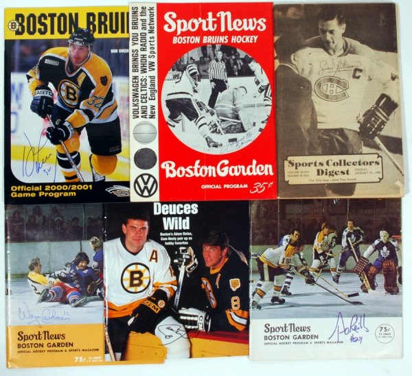 (6) Hockey Greats Signed Magazines: Each is a complete magazine signed on the cover. Players include Cam Neely, Wayne Cashman (1973-74 Bruins Pro), Terry Oreilly (1973 Bruins Pro), Jean Beliveau (1980 Sports Collectors Digest), Johnny B