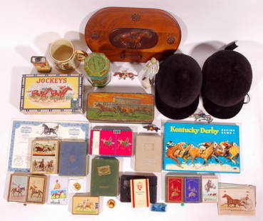 Horse Racing Memorabilia Collection (32 pcs): Includes (11) different decks of playing cards from 1920's-1950's, Jockey's Cigar Box, Tin Litho Box with Horse Racing Scene, 1950's Kentucky Derby Racing Game, Neat Soap Saddle Soap Tin Litho tin, Tw