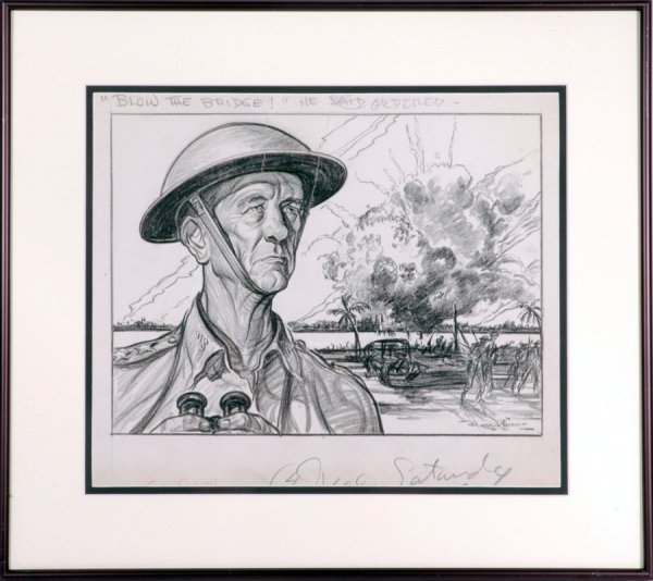 WWII Original Artwork by Burris Jenkins: Vintage 11 x 14" original cartoon illustration artwork by Burris Jenkins. Titled "Blow the Bridge! He Ordered." Professionally framed and matted to 16 x 17". EX-MT.