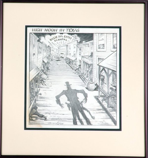 1962 Billy Sol Estes Texas Orig Artwork by Burris : 8.5 x 9.5" original cartoon illustration by Burris Jenkins related to the Billy Sol Estes Scandal titled "High Noon in Texas." Professionally framed and matted to 13.5 x 15.5". EX-MT.