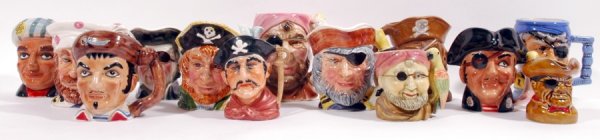 (14) Vintage Toby Pirate Mugs: (13) Mugs and (1) handpainted plate of a Pirate Ship. No major chips or cracks, excellent to mint.