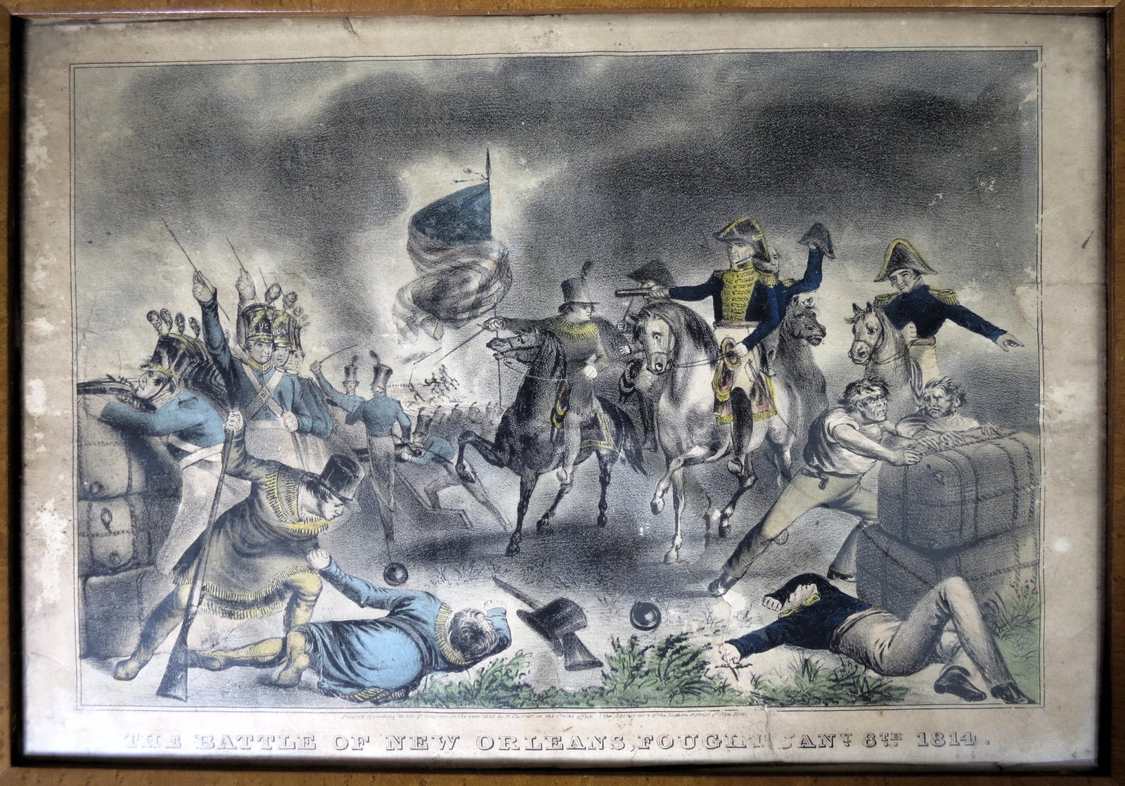 Vintage Currier and Ives The Battle of New Orleans 1814 Lithograph: The Battle of New Orleans Fought Jan 8th 1814. 10 x 14" visible. Framed to 13 x 17". Toning and tears visible. Displays Good to Very Good. We offer in house shipping for this item or you can arrange t