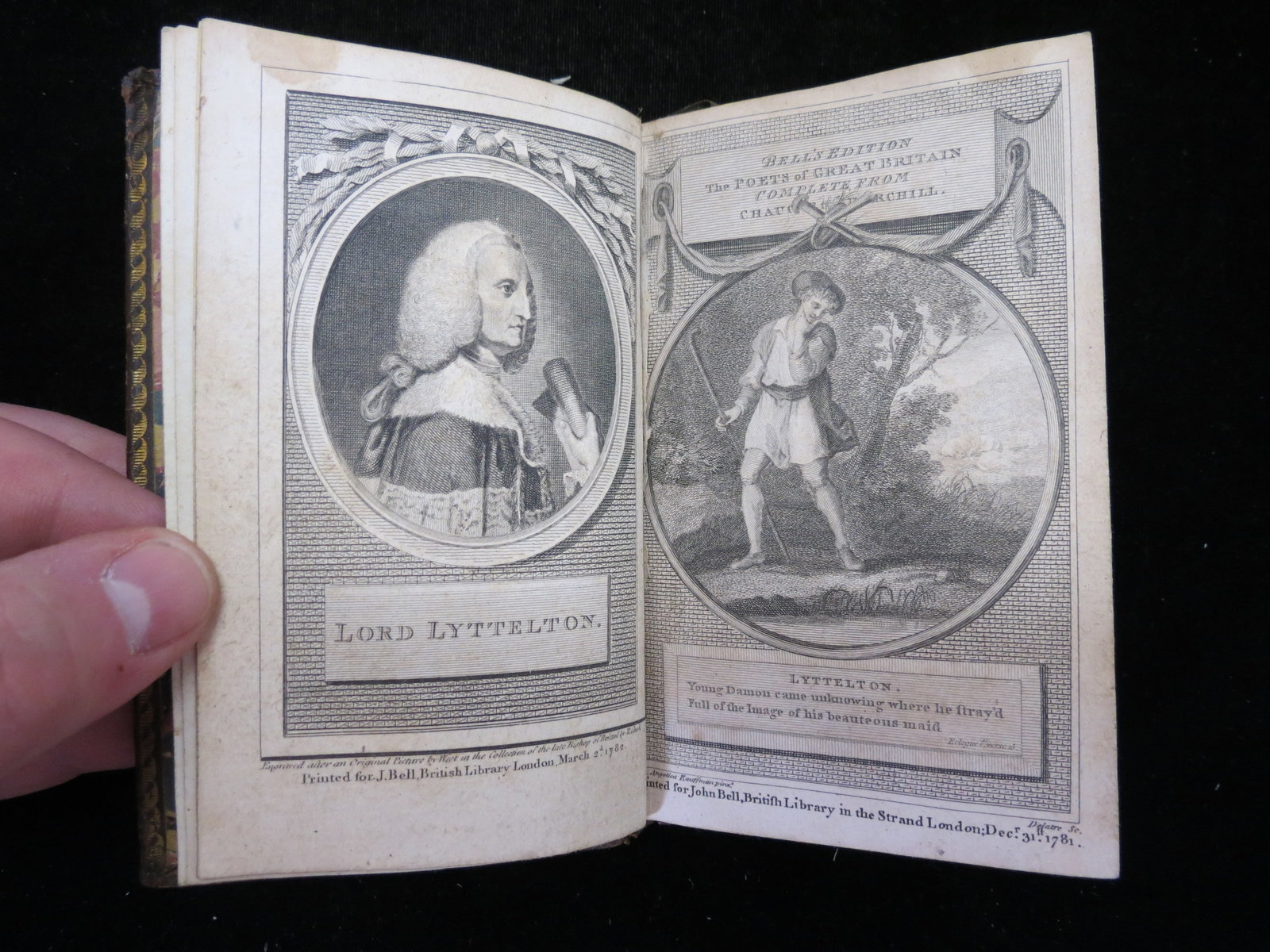 1781 The Poetical Works of Lord Lyttelton Small Hardcover Book : Published Edinburg : At the Apollo Press, by the Martins, Anno 1781. Marbled endpages. Leather cover. Illustrated frontispiece. 3.25 x 5". Good/Very Good. We offer in house shipping for this item or y