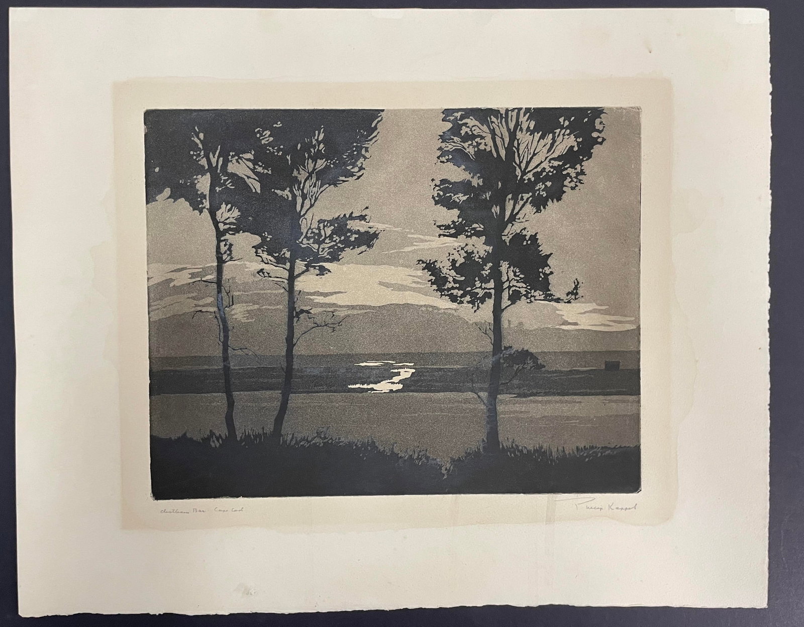 1920â€™s Signed PHILLIP KAPPEL Block Print of CHATHAM BAR-CAPE COD: Print measures approx 9â€ by 11â€ and is on paper that measures 12â€ by 15â€. It is signed on the lower right hand corner and titled