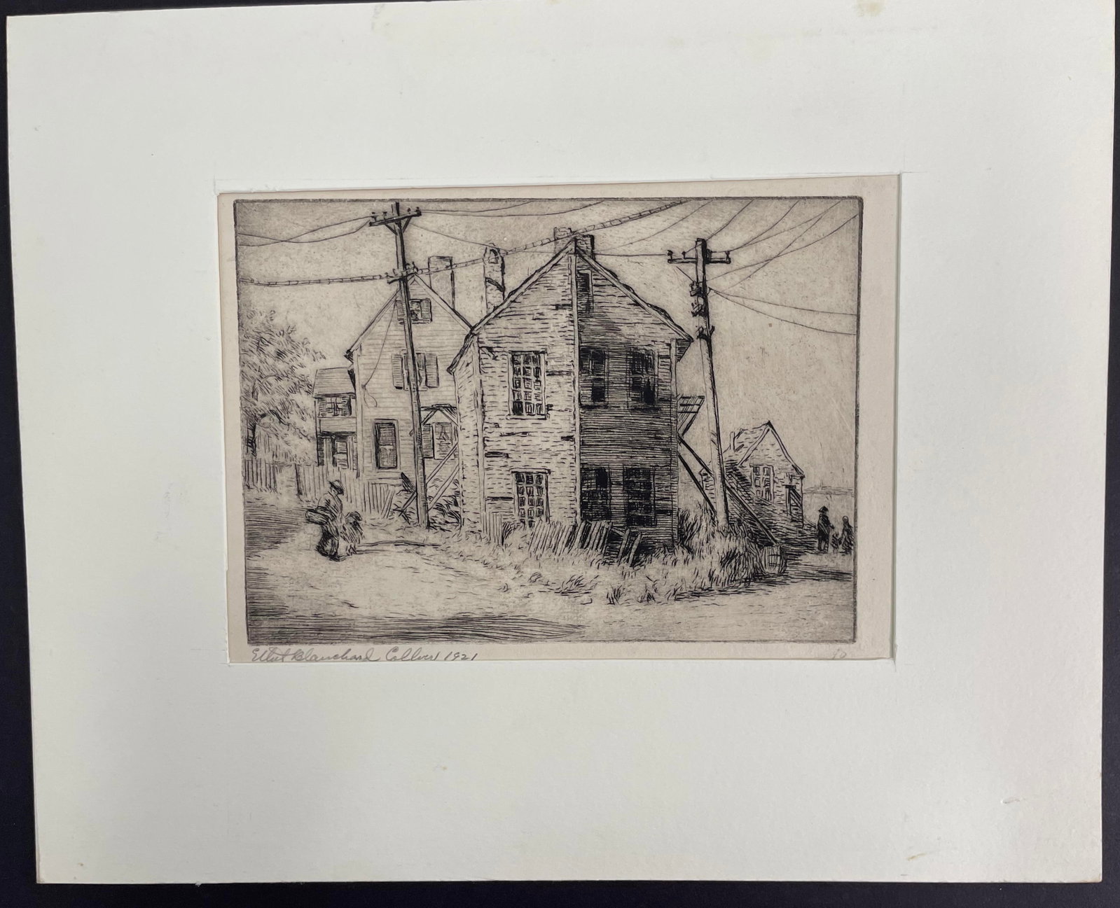 1921 ETHEL BLANCHARD COLLVER Etching of HOUSES #2: Etching measures approx 8â€ by 9â€ and is matted to 10â€ by 12â€. It is signed and dated on the bottom left hand corner and it is in