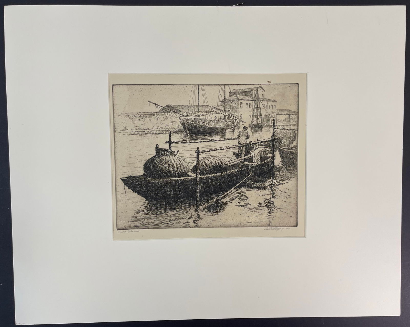 Vintage BERTHA EVELYN JAQUES Signed VENICE FISHERMAN Etching (1 of 5)