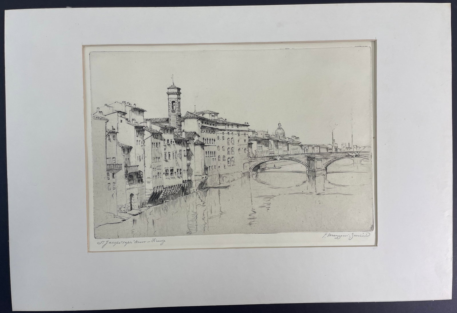 EMILIO MAZZONI ZARINI Signed Etching SAINT JACOB SOPRA ARNO-FIRNZE: Etching measures approx 8â€ by 12â€ and is matted to 12.5â€ by 18.5â€. It is signed on the lower right hand corner and titled on the