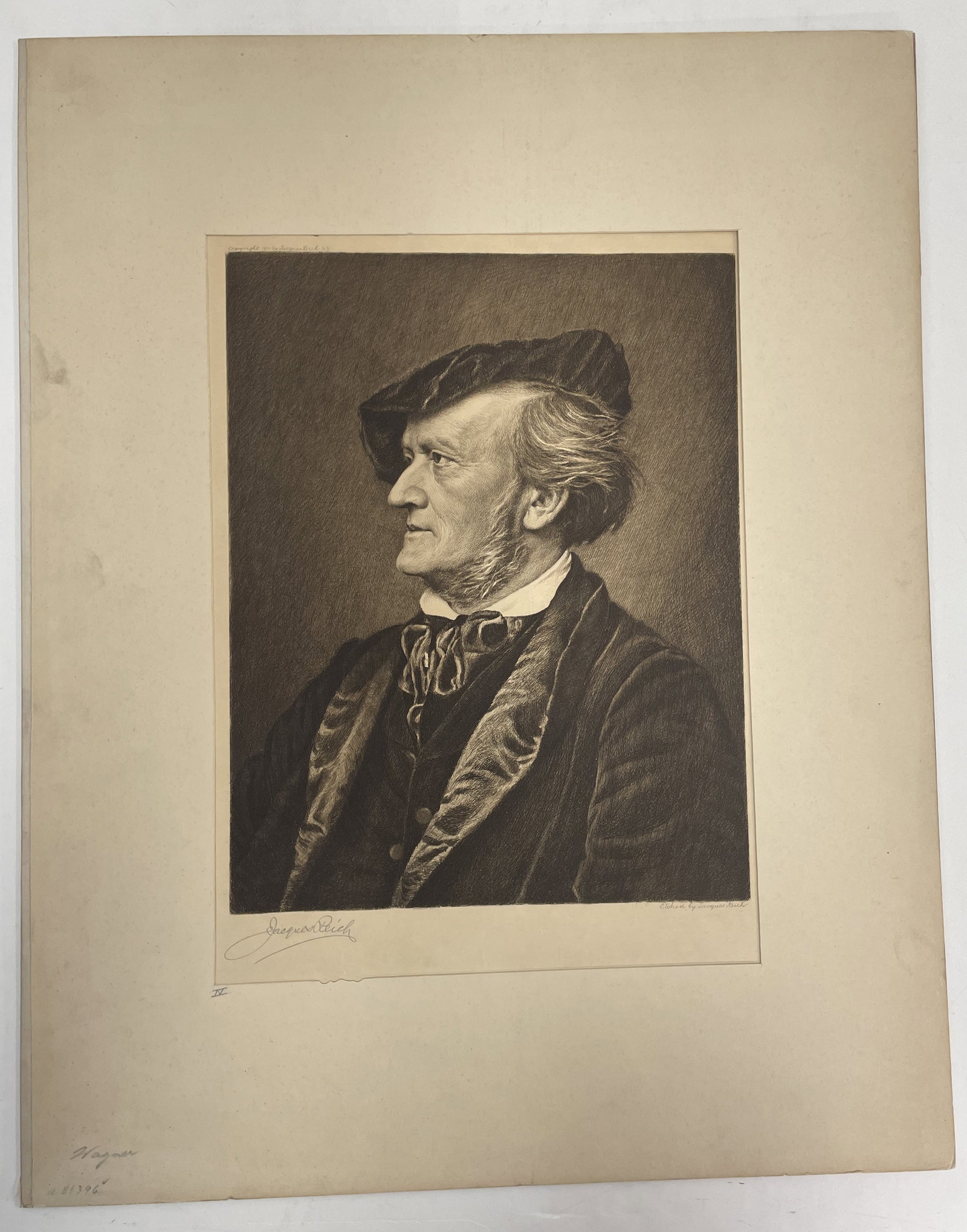 Vintage JAQUES REICH Signed Etching RICHARD WAGNER: Etching measures 10.75â€ by 13.75â€ and is matted to 19â€ by 24â€. It is signed along the bottom left hand side and is marked, Etche