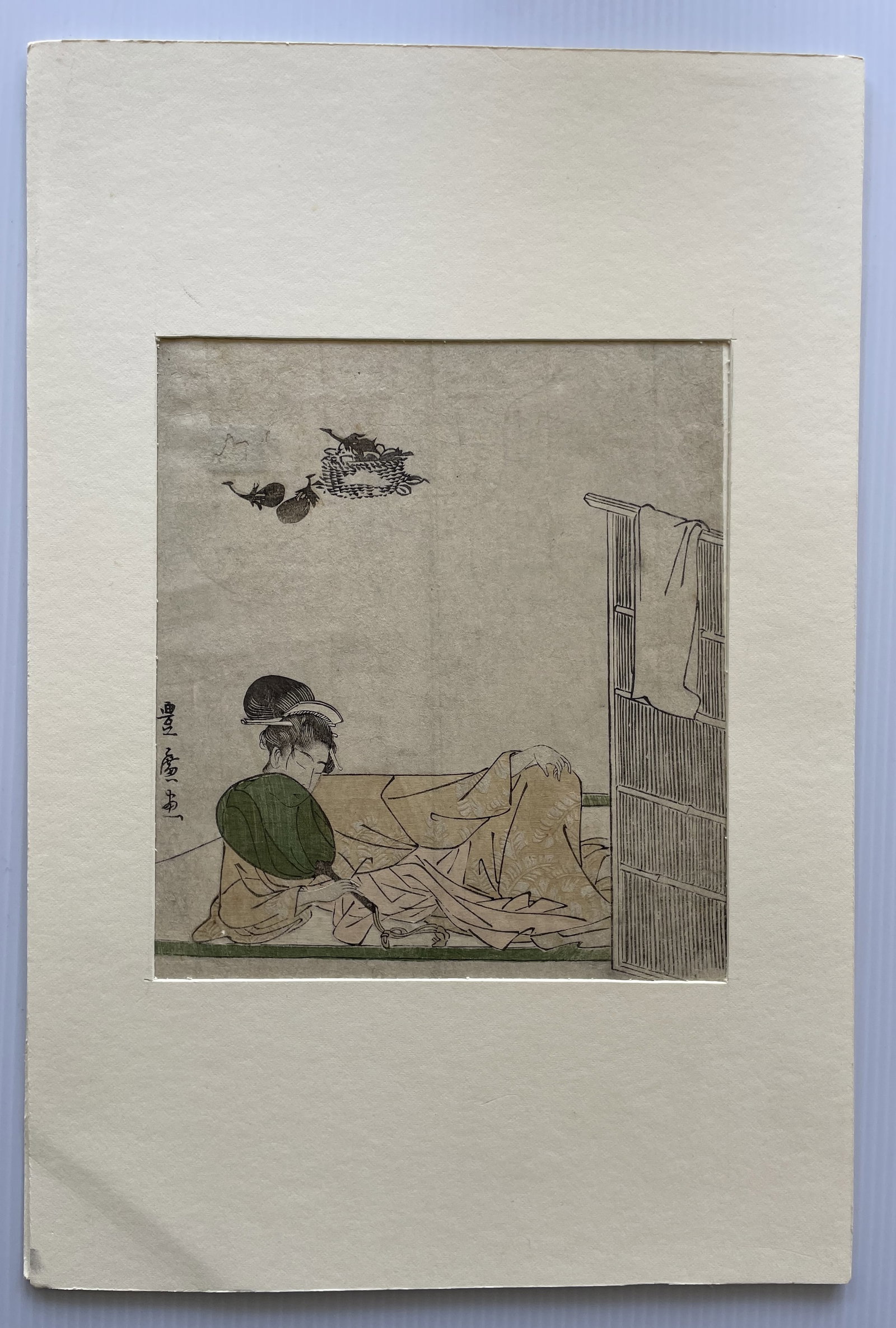 Original 19th Century Toyoharu Japanese Woodblock Print #11: Print measures approx 6.25â€ by 7.25â€ and is matted to 8.75â€ by 13.25â€. The image is by Toyoharu and is titled, Sleeping Bijn. Th