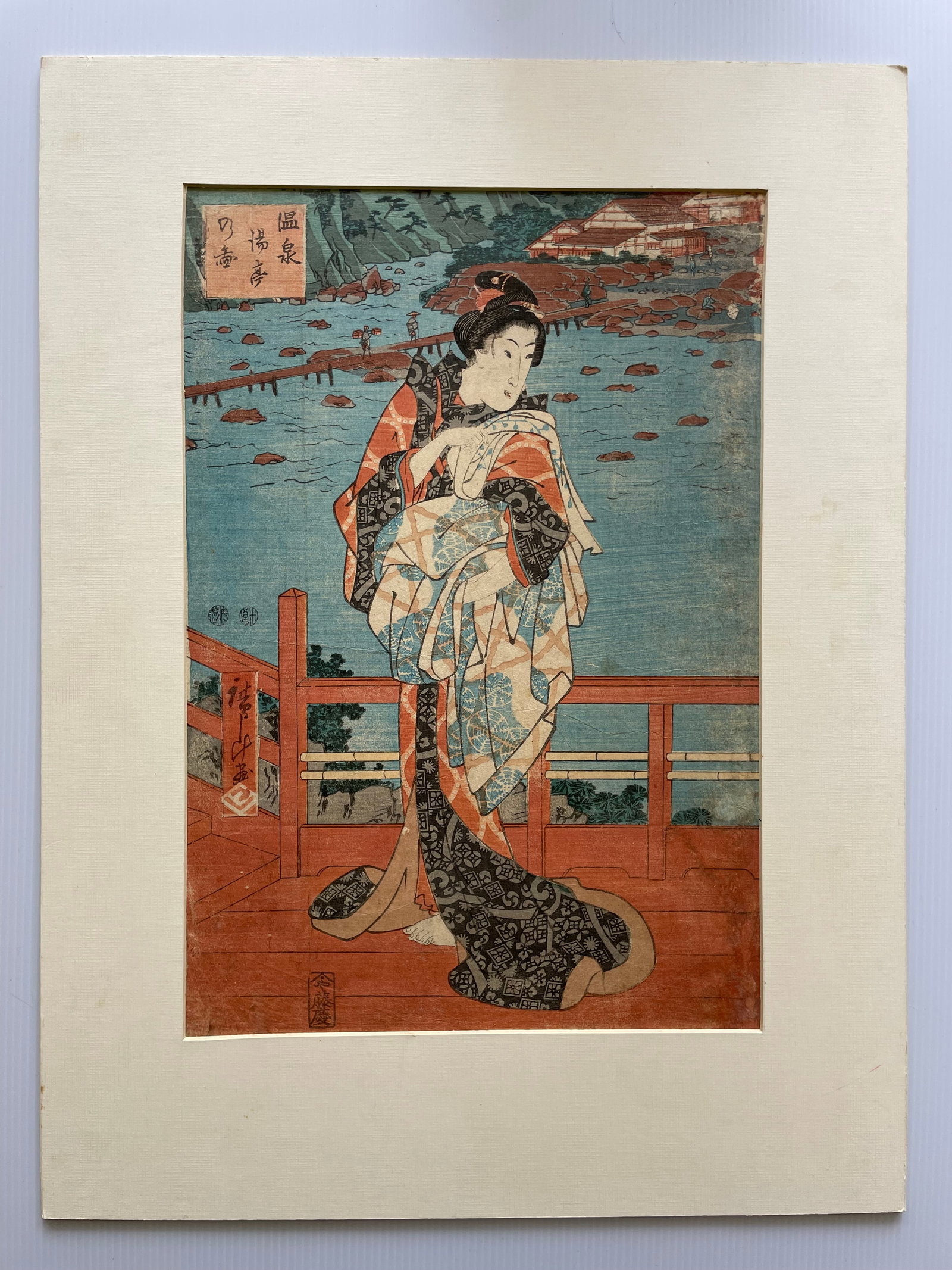 Original 19th Century Utagawa Hiroshige Japanese Woodblock Print #12: Print measures approx 9.75â€ by 14.5â€ and is matted to 14.25â€ by 19â€. The print is in very good condition and shows very little w