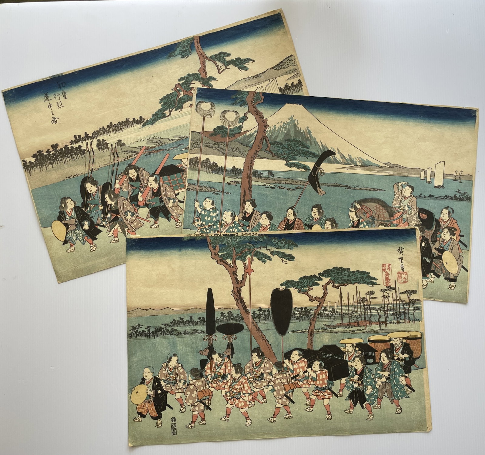 (3) Original 19th Century Japanese Woodblock Prints #16: Prints measure approx 10.25â€ by 15â€. The images show daily life,landscapes and possible historic events. The prints show very little wear and are in very good condi