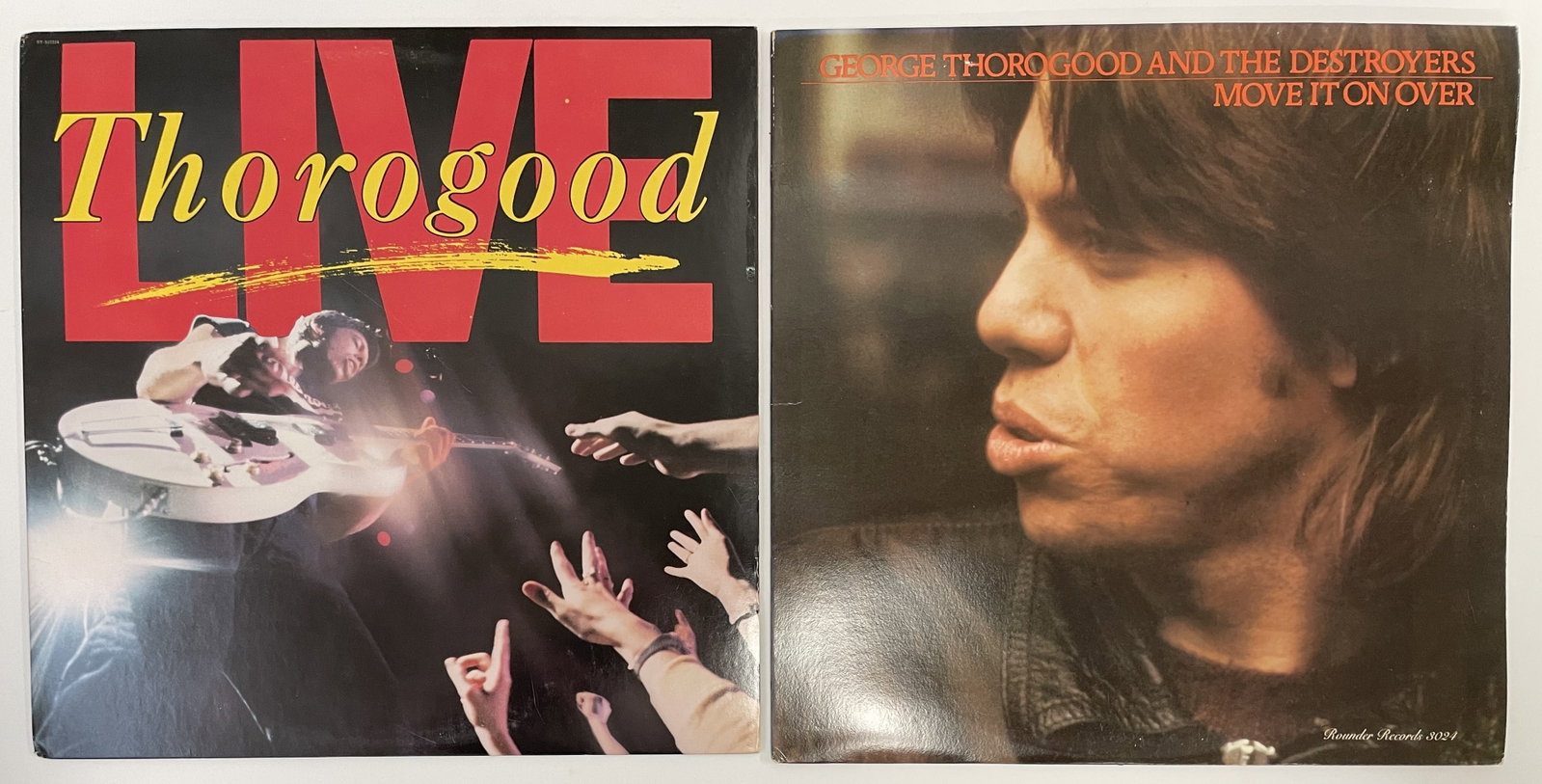 (2) GEORGE THOROGOOD Record Albums: Albums included: Thorogood Live, Move it on Over. Records will all come in their original jackets and most with the original paper sleeves inside. All show only light use.