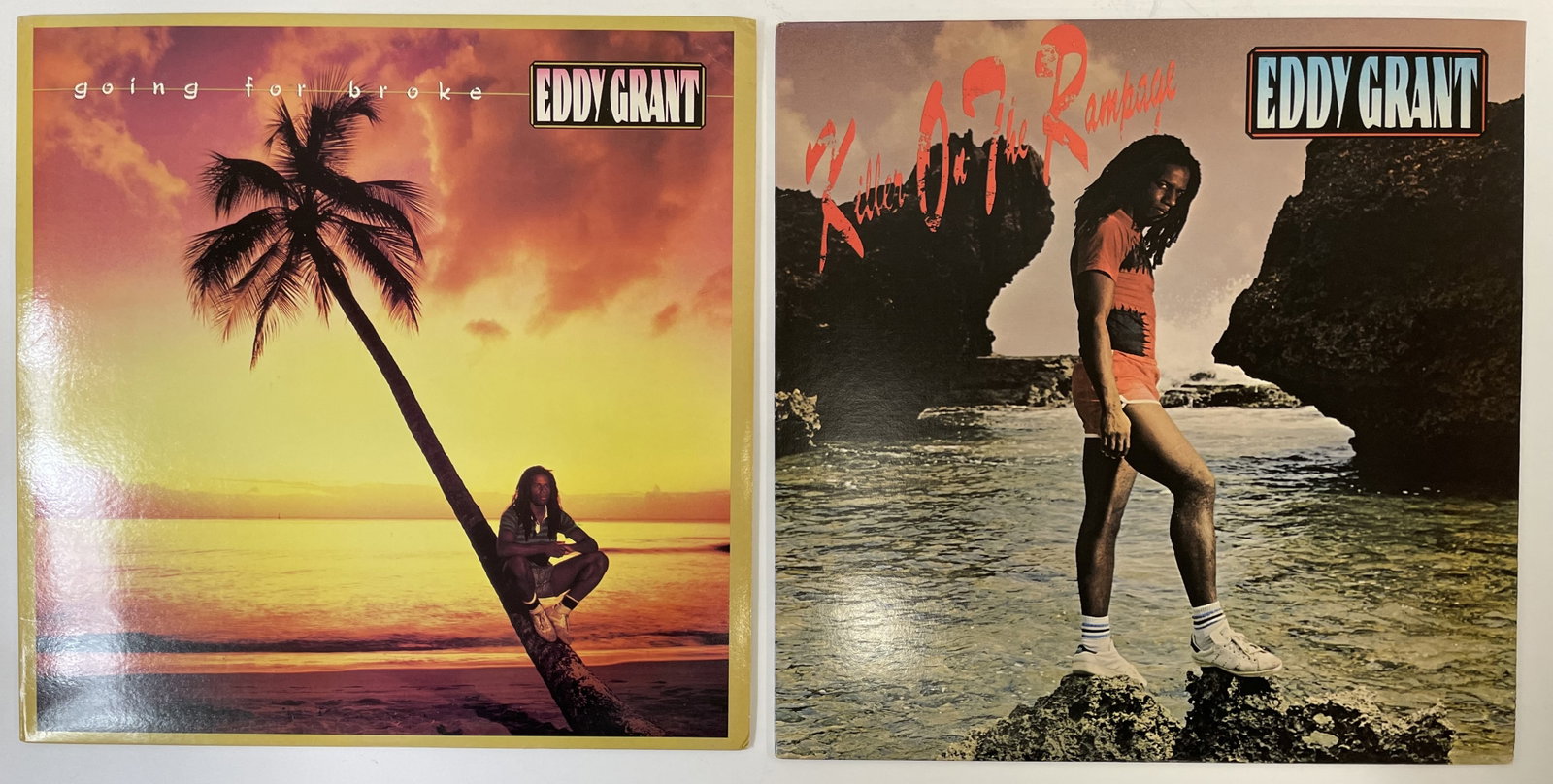(2) EDDIE GRANT Record Albums: Albums included: Going For Broke, Killer on the Rampage. Records will all come in their original jackets and most with the original paper sleeves inside. All show only light use.