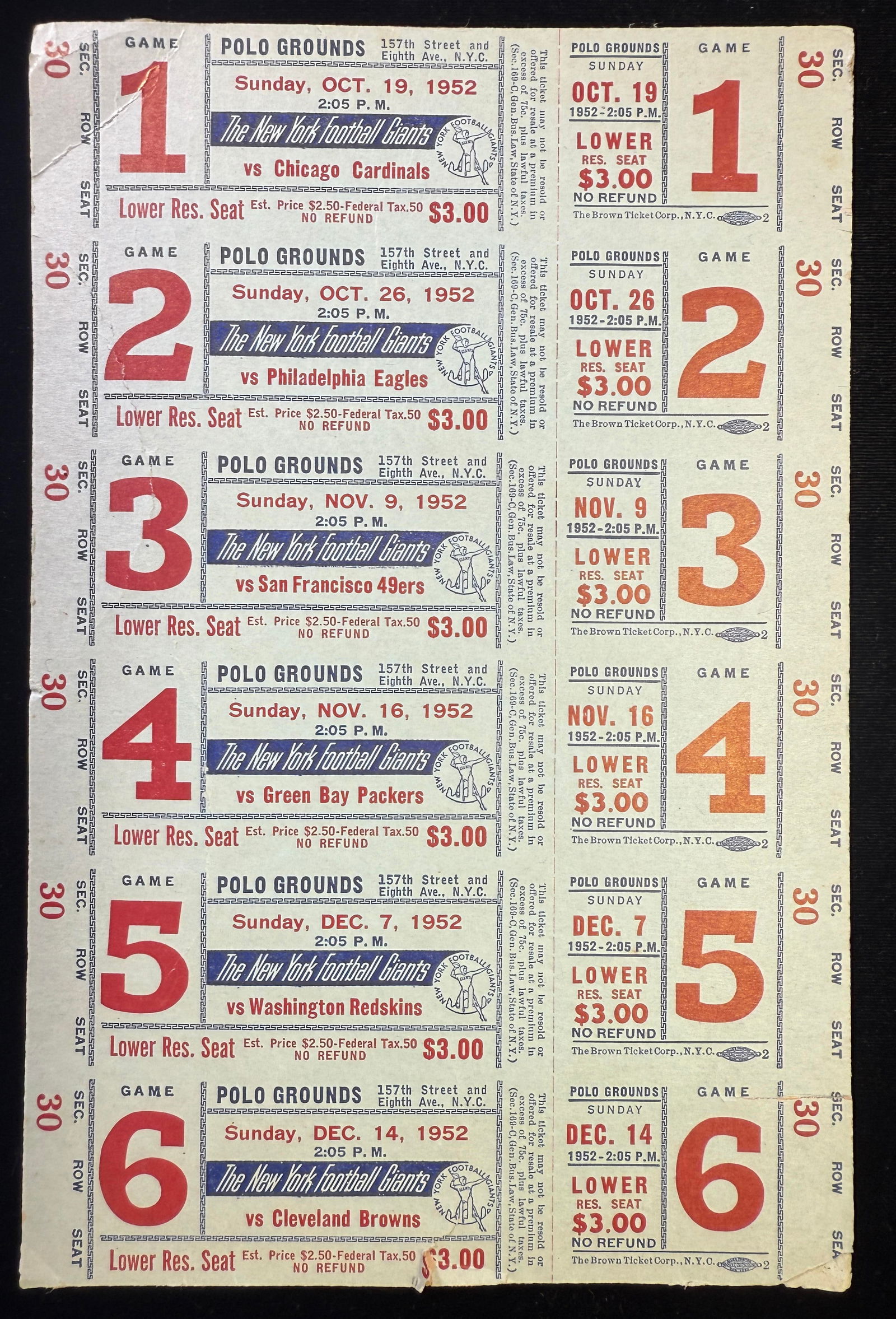 1952 New York Giants Football Home Game Full Ticket Sheet (1 of 4)