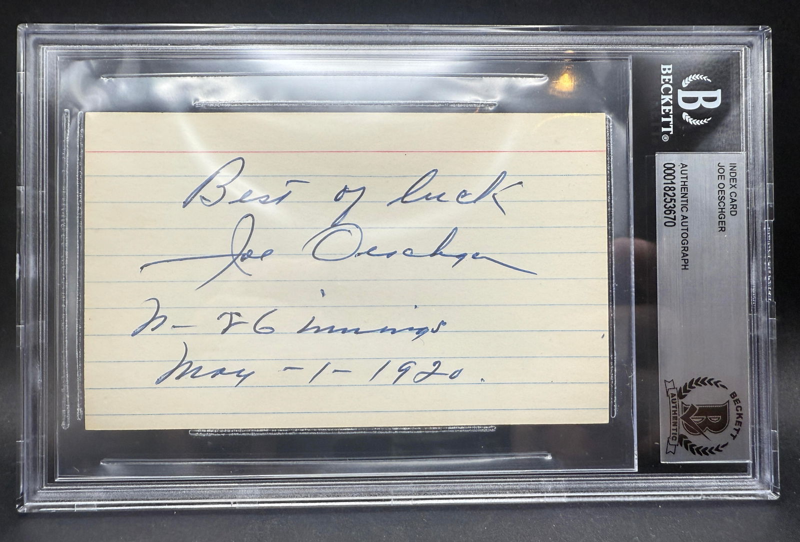 Joe Oeschger (D.1986) Signed Baseball Index Card - Beckett BAS (1 of 2)