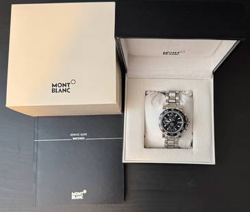 Montblanc Automatic Chronograph Stainless Steel Sport Watch &#8211; Full Set: An elegant and robust timepiece from the renowned house of Montblanc, this automatic chronograph combines Swiss precision with sporty sophistication. Featuring a deep black dial with luminous hands an
