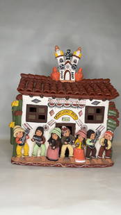 Handcrafted Peruvian Ceramic Retablo House: “Ayacuchan Pub”: A delightfully vibrant Peruvian ceramic retablo-style house, richly detailed and brimming with folkloric charm. Titled &#8220;Ayacuchan Pub&#8221;, this piece is a celebration of Andean village life,