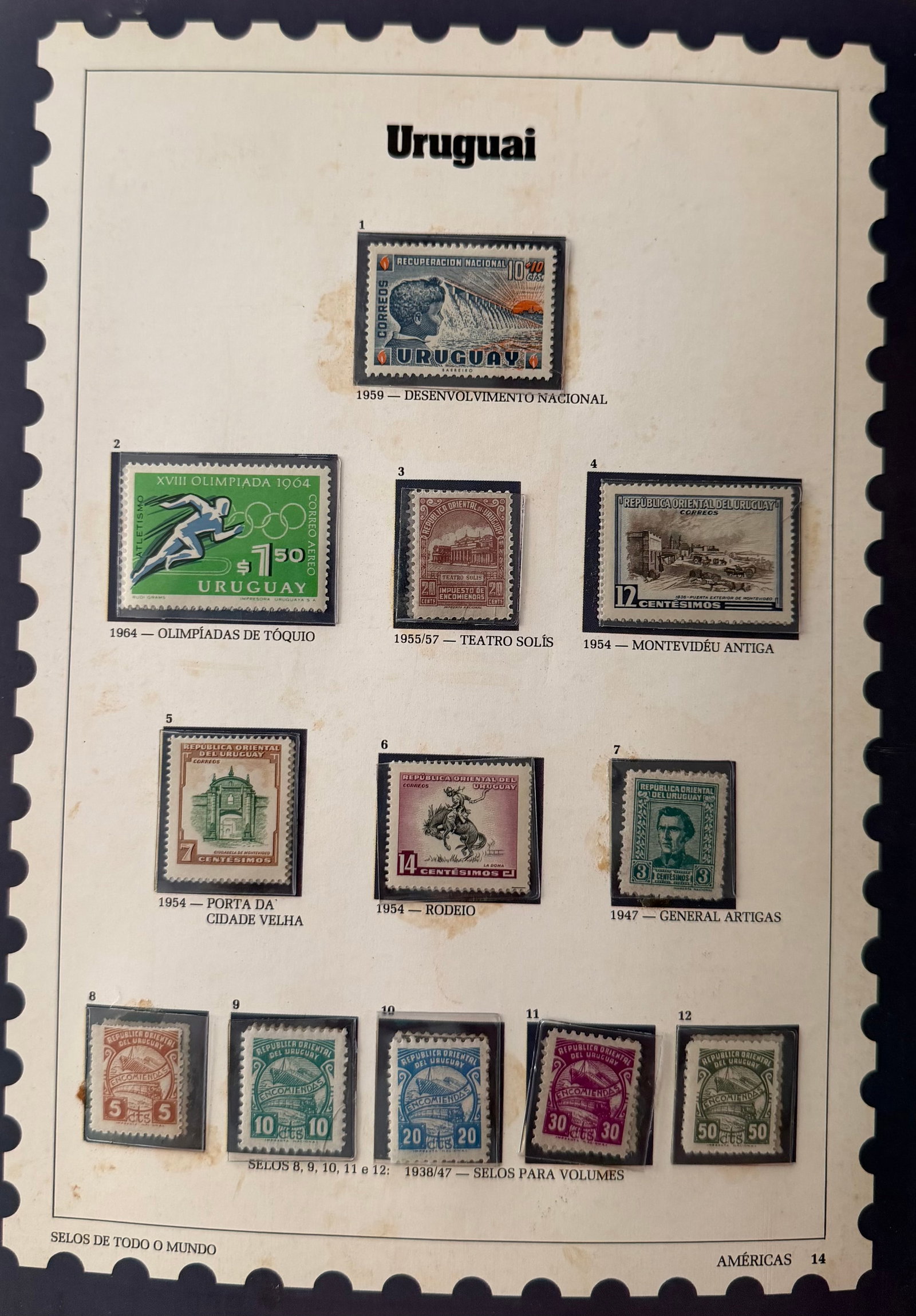Vintage Uruguay Stamp Collection – 12 Stamps Featuring Architecture, Olympic Themes & others: A well-balanced and visually compelling 12-stamp collection from Uruguay, featuring a mix of historical architecture, Olympic commemorations, coat-of-arms motifs, and national symbols. The collection 