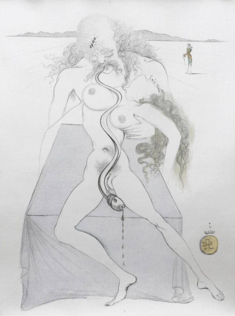 Salvador Dali - Casanova 3: It depicts a nude couple intertwined with a large serpent, symbolizing sexuality, temptation, and transformation. The couple represents human desire and intimacy, while the serpent serves as a symbol