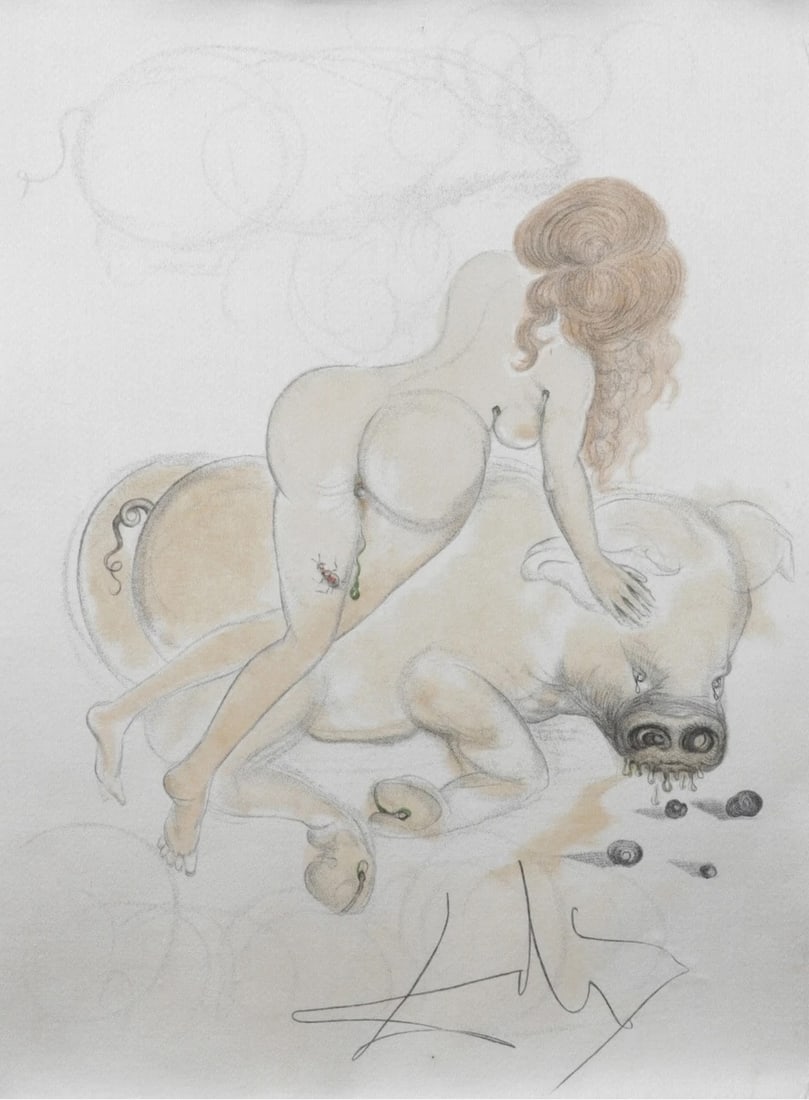 Salvador Dali - Casanova 8: It juxtaposes the innocence of a girl with the primal symbolism of a pig. The girl represents purity and vulnerability, while the pig evokes themes of base instincts, corruption, and the unconscious