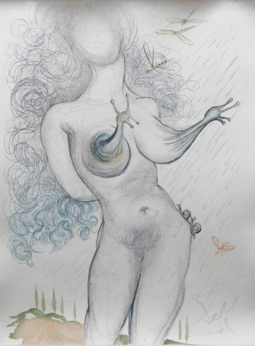 Salvador Dali - Casanova 11: Salvador Dali combines a nude figure with snail shells replacing the breasts, blending sexuality and organic symbolism. The snails symbolize sexuality, transformation, and the unconscious mind, creati