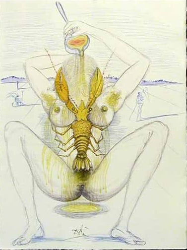 Salvador Dali - Casanova 13: Salvador Dali combines a nude figure with a lobster, blending themes of sexuality, primal instincts, and transformation. The lobster may symbolize defensiveness or animalistic desires, while the