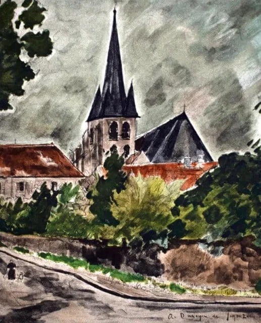 Andre Dunoyer de Segonzac - Village Church with Figures: Andre Dunoyer de Segonzac (1884-1974)Village Church with Figures, c. 1965Original Color Etching with Aquatint on VellumHand-signed and numbered by the artistEdition: 102/240Dimensions: Approx. 15 x