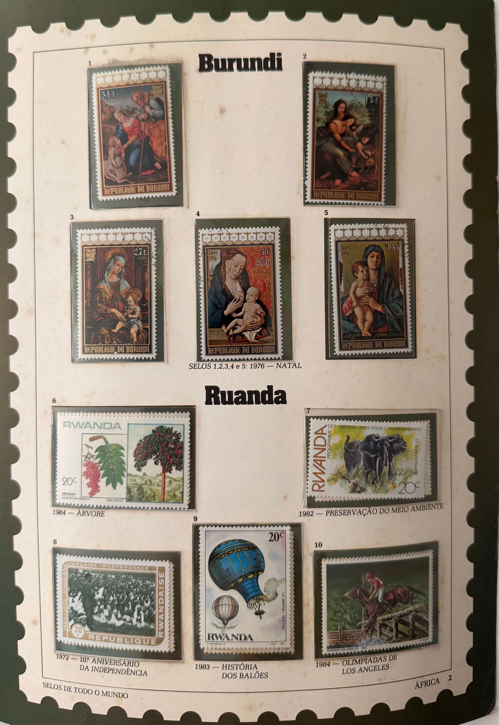 Vintage Burundi + Rwanda 10 Stamp Collection: An elegant collection of 5 vintage stamps from Burundi, showcasing exquisite reproductions of Renaissance religious artwork, with a particular focus on Madonna and Child imagery. Each stamp is richly