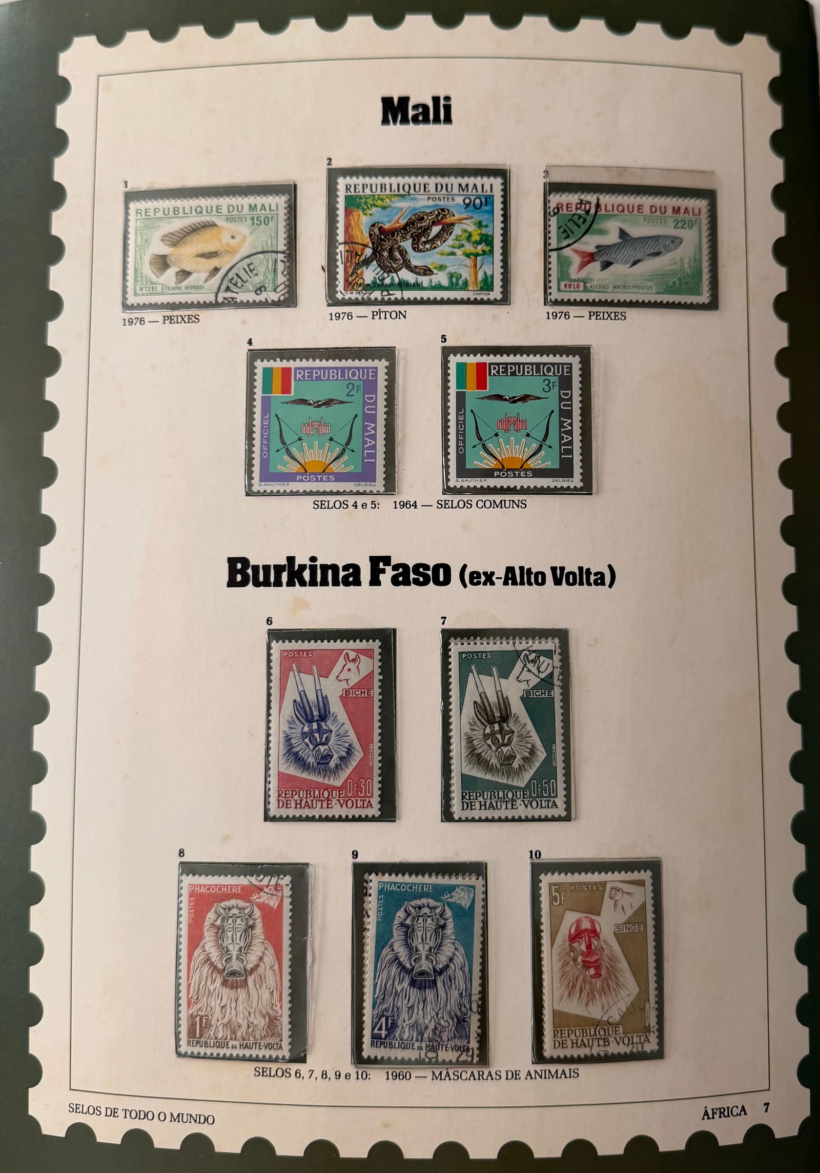 Vintage Mali + Burkina Faso (Upper Volta) 10 Stamp Collection: A vibrant and visually engaging collection of 5 vintage stamps from Mali, highlighting the country's natural richness and symbolic identity. This set features striking illustrations of fish and wildli