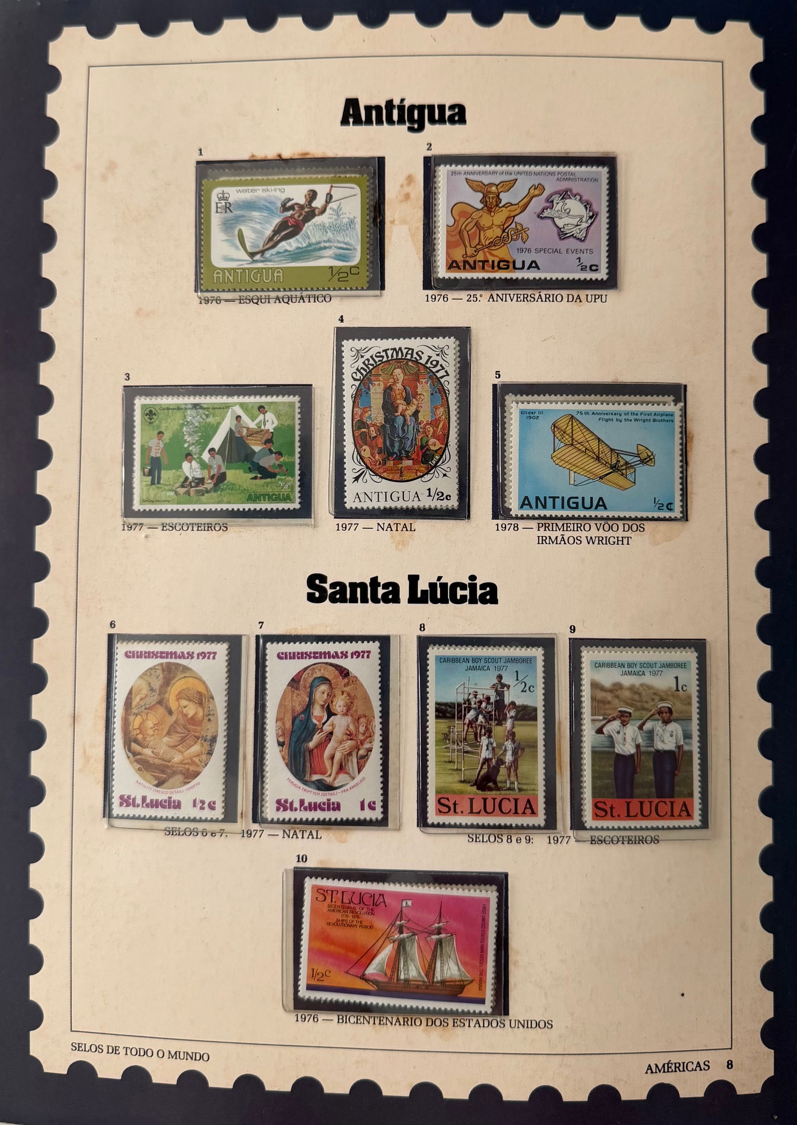 Vintage Antigua + Saint Lucia 11 Stamp Collection: A warm and visually appealing 5-stamp collection from Antigua, offering a colorful mix of early aviation, festive nativity scenes, and national commemorative issues. The set reflects Antigua's cultura