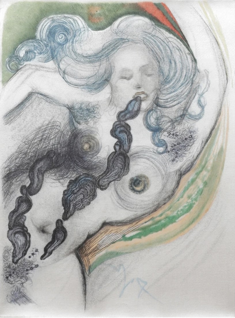 Salvador Dali - Casanova 10: Dali combines sexuality, desire, and natural symbolism. The oysters symbolize sensuality and fertility, while the nude figure represents human sexuality. The surreal juxtaposition of these elements